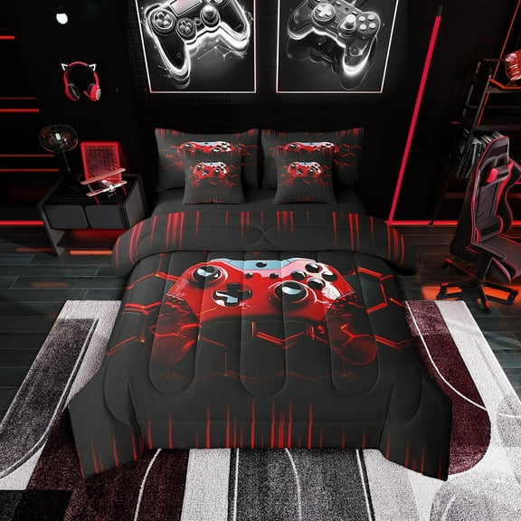 Gamer Bed in a Bag 7 Pcs Full,Gaming Bedding Sets Cool Video Game Black Comforter Set with Sheets Red Geometric Honeycomb Bed Set for All Season Gamepad Decor Sheet Set