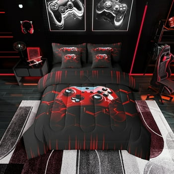 Erosebridal Gamer Bed In A Bag 7 Pcs Queen,Boys Gaming Bedding Sets Cool Video Game Black Comforter Set With Sheets Red Geometric Honeycomb Bed Set For All Season Gamepad Decor Sheet Set