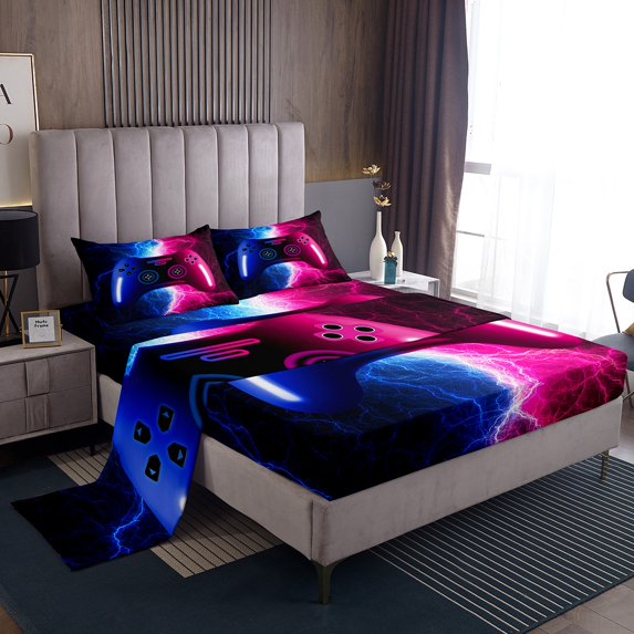Gamer Bed Sheets Set King Size Video Game Gaming Bedding Sets,Blue Hot Pink Lightning Fitted Sheet Set Modern Gamepad Sheets Bedroom Decor with 2 Pillowcases