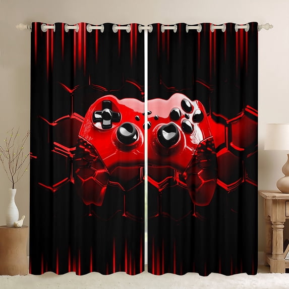 Gamer 30%-50% Blackout Curtains,Gaming Curtains Cool Video Game Black Bedroom Curtains Red Geometric Honeycomb Window Curtains for All Season Gamepad Home Curtains,52"Wx63"L