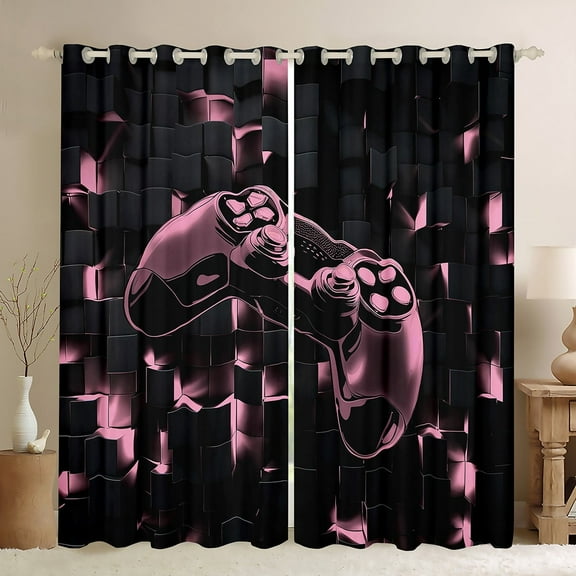 Kids Gamer Blackout Curtains for Boys Girls Pink Black Curtains & Drapes 84x84, Video Game Gaming Curtains Neon Futuristic Cube Black Out Curtains