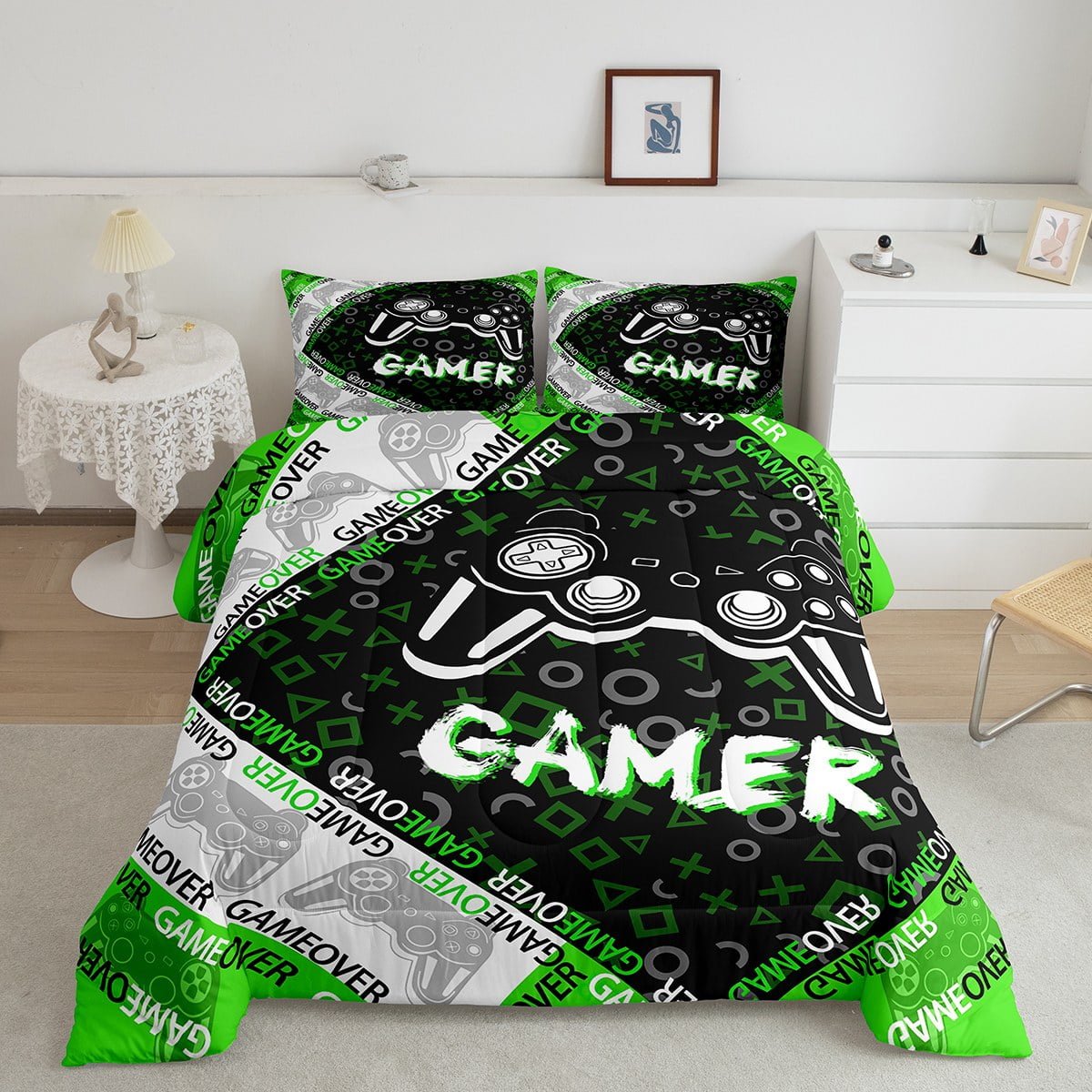Kids Gamer Comforter Set for Boys Teens, Green and Black Gaming Bedding