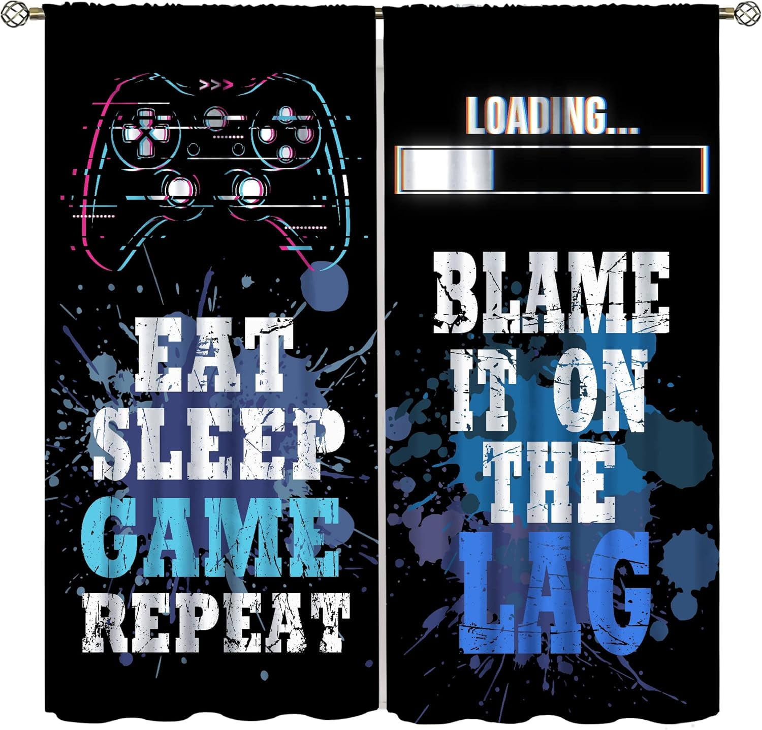 Kids Gamer Curtains Rod Pocket Black White Gaming Teen Boys Bedroom Decor Funny Quotes Men Cool Gamepad Art Printed Living Room Playroom Window Drapes Fabric 42'''' W x 84'''' L x2【Decor】