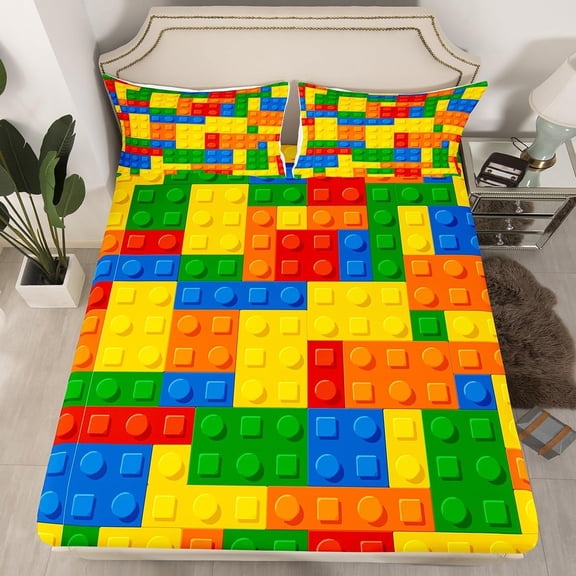 Kids Games Bed Sheet Set for Child Bedroom Color Building Blocks Fitted Sheet for Boys Girls Gift Toy Brick Bedding Set Nursery Bed Cover with Pillowcase Decor 2 Pcs Twin Size