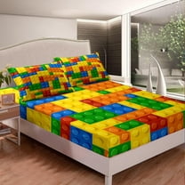 Games Bed Sheet Set Bedroom Color Building Blocks Fitted Sheet Gift Toy Brick Bedding Set Nursery Bed Cover with Pillowcase Decor 2 Pcs Twin Size