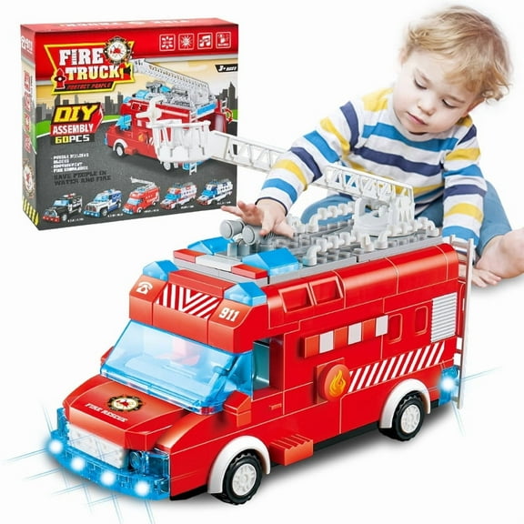 Kids Games Fire Truck Building Block Set, Fire Building Blocks, Preschool Toy Building Set for Toddlers Aged 3 Years Plus(Extended Ladder Firetruck)