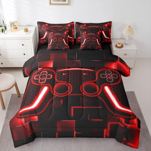Gaming Bed In A Bag With Sheets Game Full Comforter Set 7 Piece Teen Gamer Bedding Set Reversible Game Controller Sheet Set With Comforter Home Decor,Red Black Ombre Honeycomb