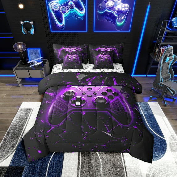 Gaming Bedding Set Twin Size,Geometric Honeycomb Gamepad 7Pcs Comforter Set,Video Games Fitted Flat Sheet Teens Men Room Decor,Modern Black Purple Reversible 2 Throw Pillow,2 Pillowcases