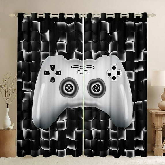 Gaming 30%-50% Blackout Curtains 42"Wx63"L Black White Gamer Curtains & Drapes Geometric Checkered Game Console Window Curtains For Teen Men Video Game Gamepad Curtains 2 Panels