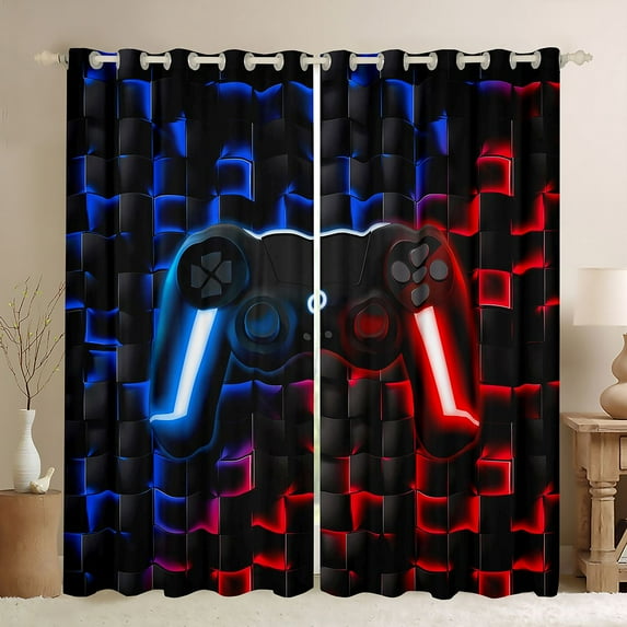 Gaming Curtains & Drapes 38"Wx45"L Geometric Gamer Window Curtains Neon Red Indigo Blue Gamepad 30%-50% Blackout Curtains 3D Ombre Checkered Curtains 2 Panels For Game Room