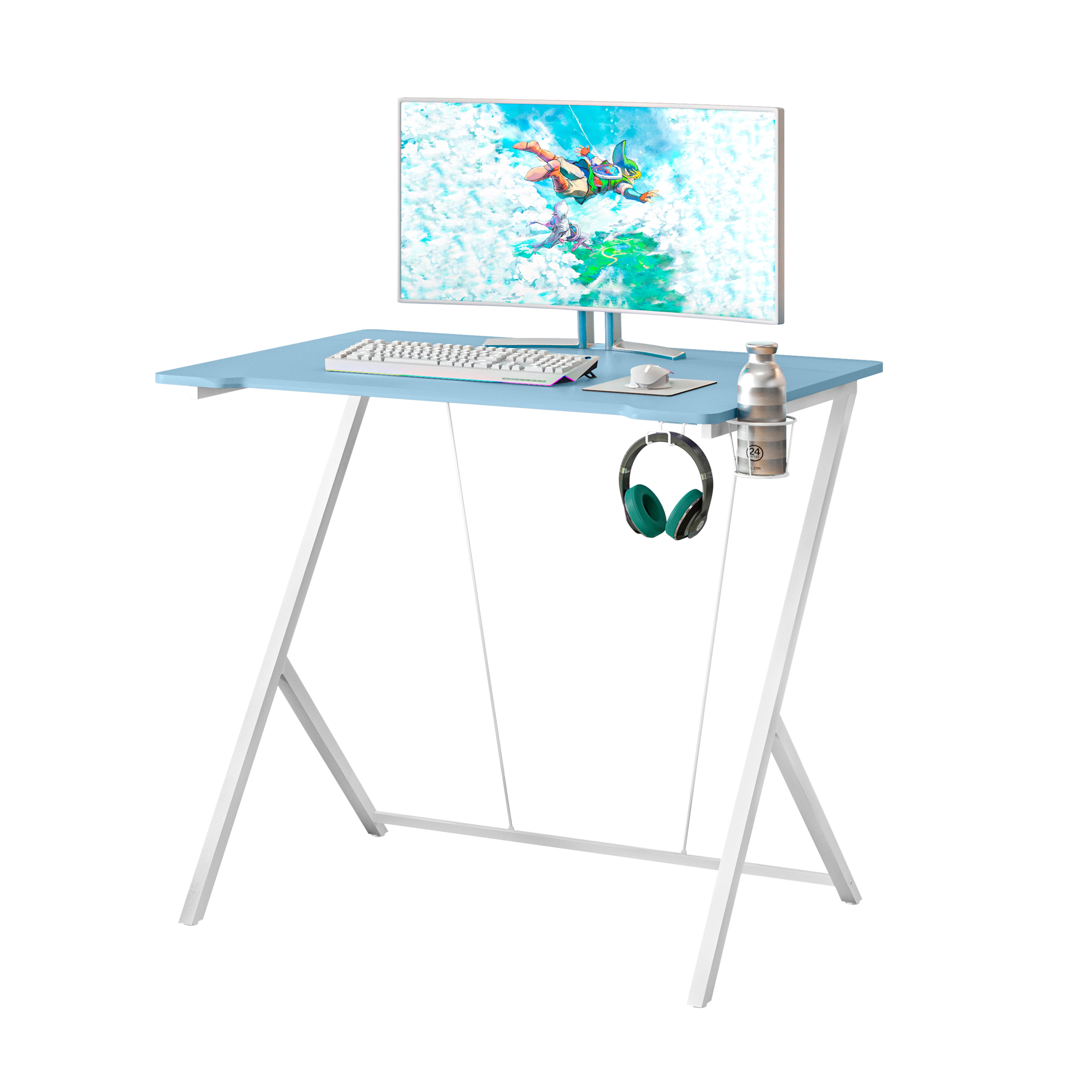 Kids Gaming Desk with Reversible Cup & Headphone Holders, Sparkly Laminated Desktop, Y-Shaped Scratch Resistant White Steel Frame for Compact Gaming Study Space