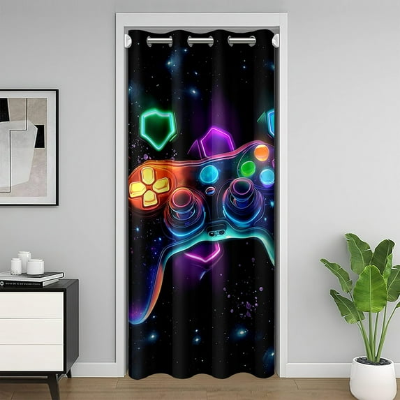 Gaming Door Curtain 42" W X 84" L Game Consoles Blackout Curtain Gamer Geometric Bedroom Decor Honecomb Space Glow Blue Colorful Privacy Darkening Doorway Curtain