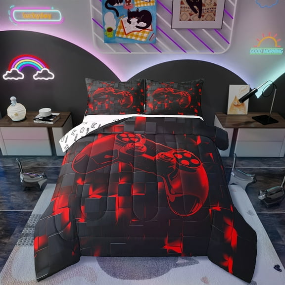 Gaming Twin Comforter Set Video Game Gamer Bedding Set, Black and Red Bedding Comforter Sets Glowing Geometric Grid Duvet, Gradient Game Controller Quilted Comforter
