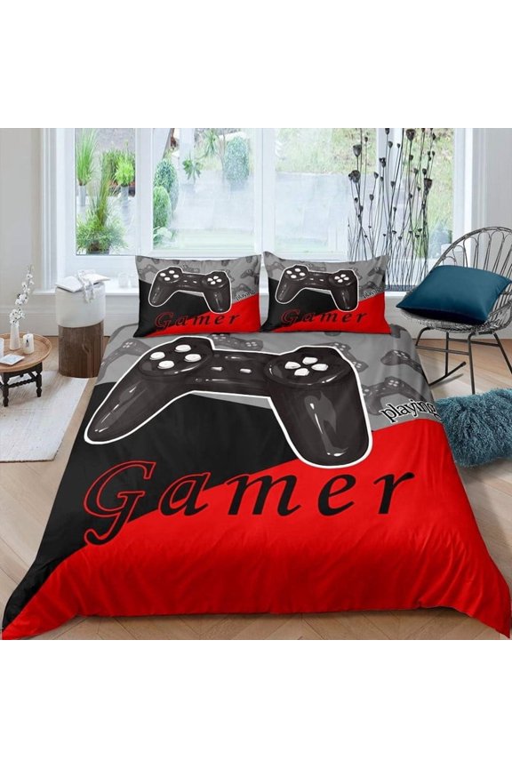 Kids Gaming Twin Size Comforter Set with 1 Comforter and 2 Pillowcase, All Season Reversible Game Controller Home Decor, Red