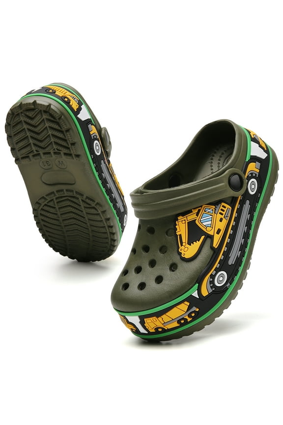 Kids Garden Clogs Boys Clogs Cute Cartoon Girls Water Clogs Home Room Lightweight Shoes Children Slip-on Breathable Beach Pool Shower Clogs Sport Kids Child Non-Slip Slides Excavator Green 34
