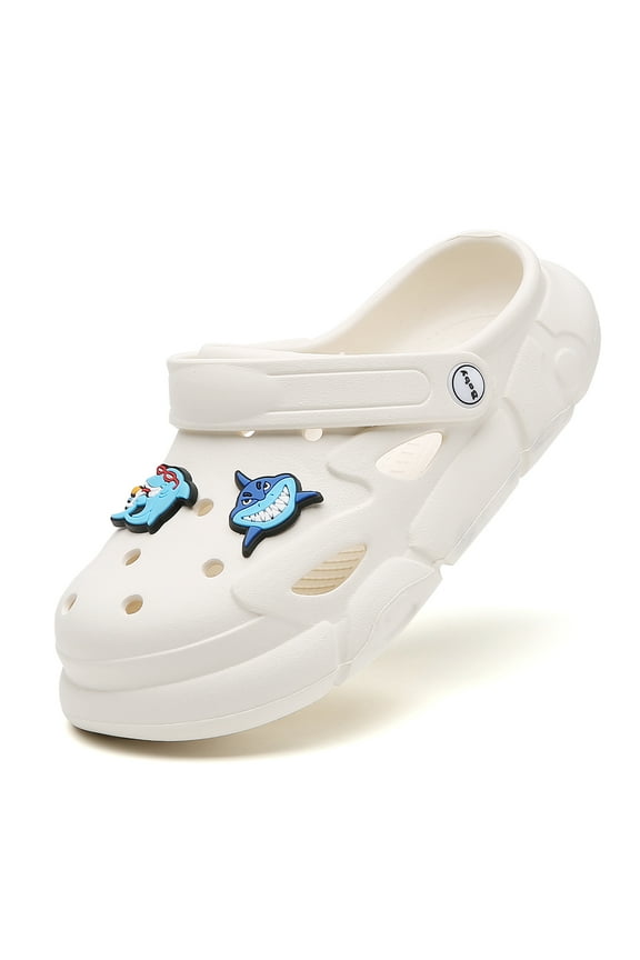 Kids Garden Clogs Girls Boys Cartoon Summer Funny Shark Water Shoes Comfort Lightweight Breathable Pool Beach Slip On Sandals Shower Slides Non-Slip Walking Slippers White 24/25