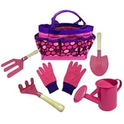 Kids Gardening Tool Set - Real Metal Child Sized Hand Tools with Wooden Handles & Safety Edges; Shovel, Rake & Pitch Fork - Plus Watering Can, Garden Gloves & Durable Canvas Carrying Bag. Pink