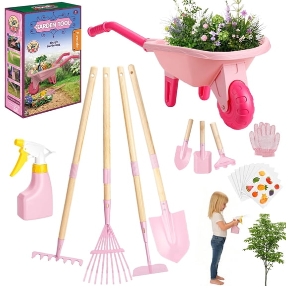 Kids Gardening Tools Set with Wheelbarrow, Wooden & Metal Outdoor Gardening Toys for Summer Outdoor Yard Digging & Weeding, Easter Birthday Gifts for Boys Girls Age 3+ Years (Pink)