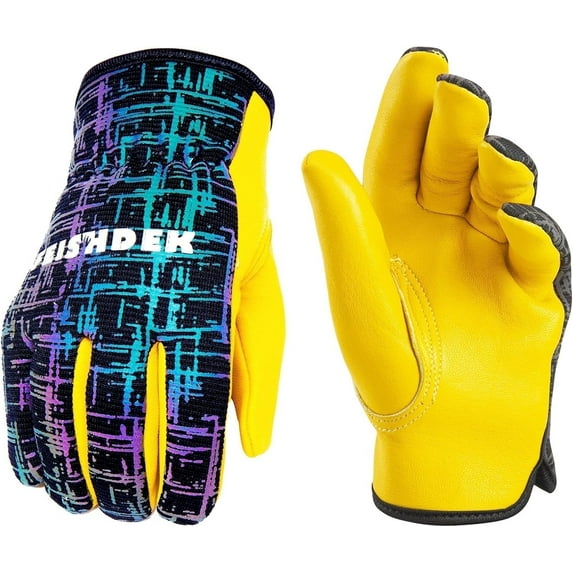 FEISHDEK Kids Work Gloves, Genuine Leather Gardening Gloves for Children, Breathable Safety Gloves with Reflective Strips for Outdoor, Yard Work, (Ages 6-7, Large, Black)