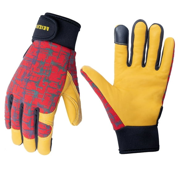 FEISHDEK Kids Leather Work Gloves, Touchscreen Reflective Breathable Safety Gloves(Red, Medium, Age 6-9)