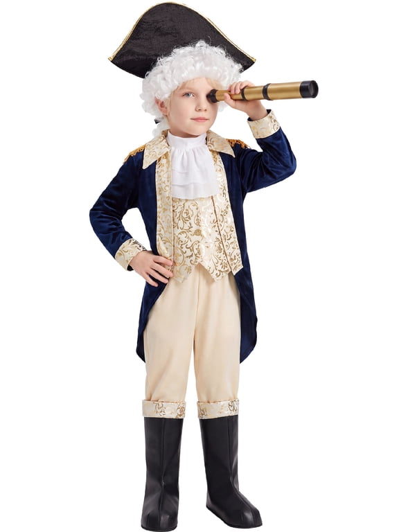 Kids George Washington Costume With Wig and Hat Accessories, Boys Children Hamilton American Colonial Day Outfit