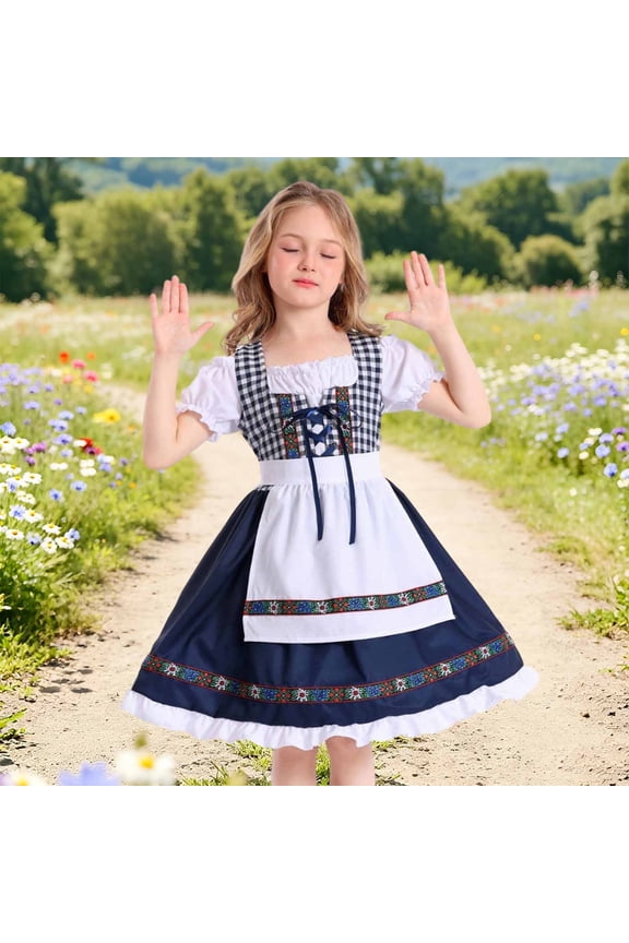 Kids German Dirndl Dress Dark Blue 4T Puff Sleeve Gingham Oktoberfest Costume Set with Apron,Size 10 T