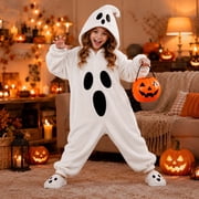 Kids Ghost Halloween Onesie, Hooded Zip-Up Jumpsuit Pajamas