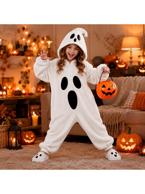 Kids Ghost Halloween Onesie, Hooded Zip-Up Jumpsuit Pajamas