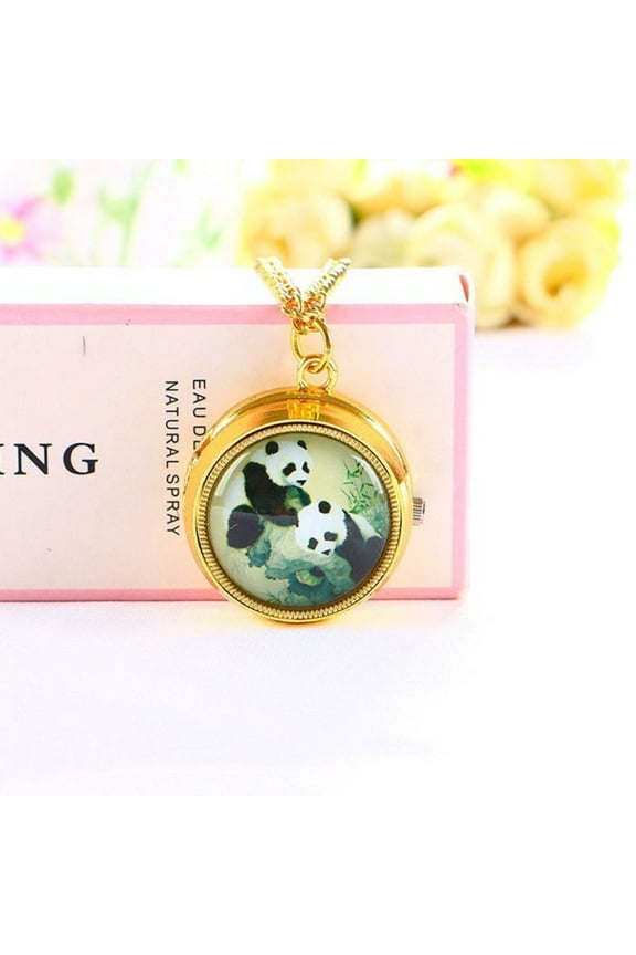 Kids Giant Panda Mechanical Pocket Watch Retro Flip Design Childrens Gift Timepiece