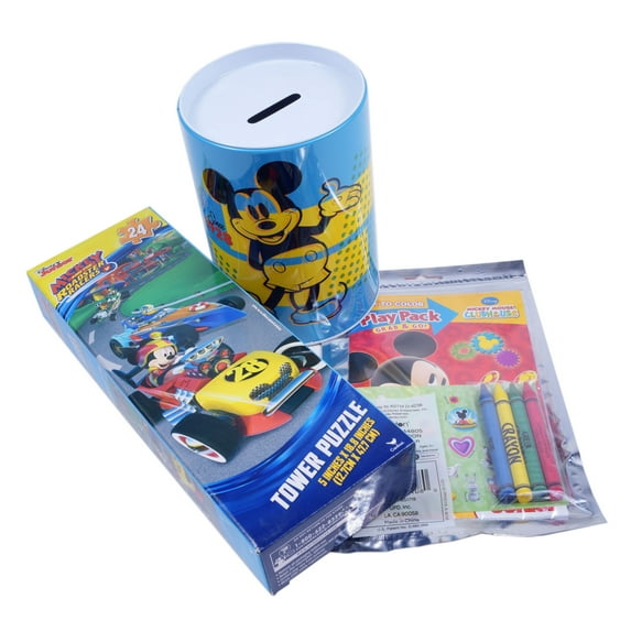 Kids Gift Set - Disney Mickey Mouse Party Supplies - Blue Piggy Coin Bank Coloring Book Jigsaw Puzzle - Goody Bags