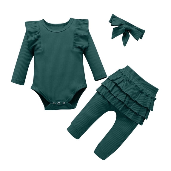 Kids Girl 3 Piece Ruffled Outfit Set Long Sleeve Bodysuit with Headband Ruffle Pants Kids Snap Closure Clothes Green 0-24 Months,Size 6-12 Months