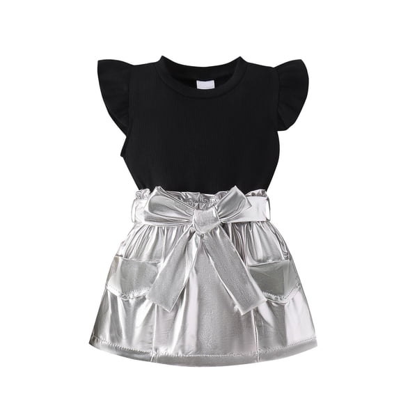 Kids Girl 3 Piece Set Black and Silver Outfit Ribbed Top Metallic Skirt with Belt Casual Party Outfit 6M-3T,Size 2-3 T