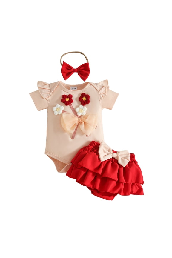 Kids Girl 3D Floral Tulle Bow Romper and Bloomer Set Soft Cotton Snap Closure Newborn Photo Shoot Outfit Kids Summer Clothes with Headband Red,Size 9-12 Months