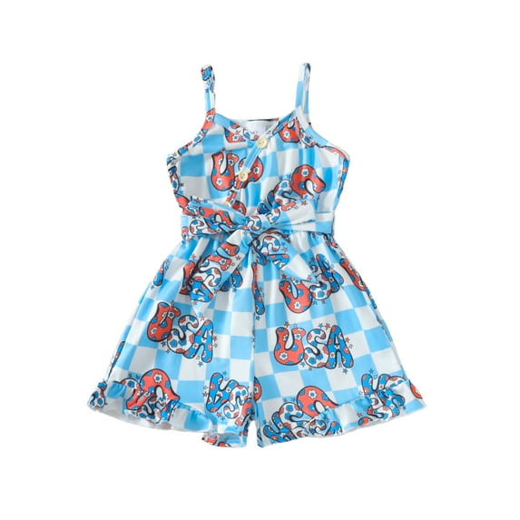 Kids Girl 4th of July Jumpsuit Summer Star Print Sleeveless Romper Shorts with Belt for Newborn Toddler Cute Clothes