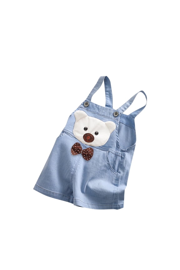 Kids Girl Blue Denim Overalls Shorts, Cute 3D Plush Bear & Bow Design, Adjustable Straps Shortalls for Kids 12M-4T,Size 0-1T