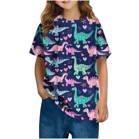 Kids Girl Boy Brunch T Shirts Short Sleeve Tee Tops for Child Crew Neck Spandex Dinosaur Print Kawaii Summer Fall Tee Shirt 2026 Clothing Regular Fit Y2K