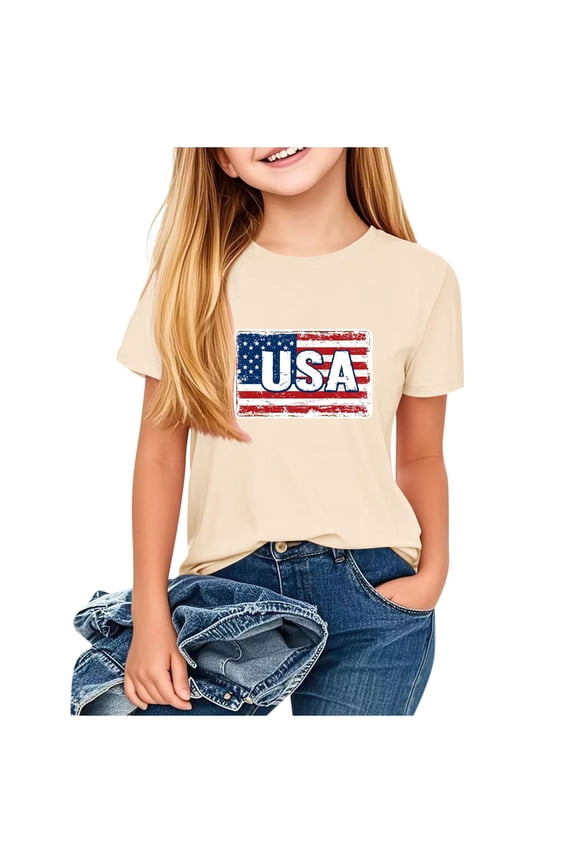 Kids Girl Boy Brunch T Shirts Short Sleeve Tee Tops for Child Crewneck Spandex USA Flag Graphic Loose Fit Fall Summer Shirts 2026 Clothes Fashion Y2K