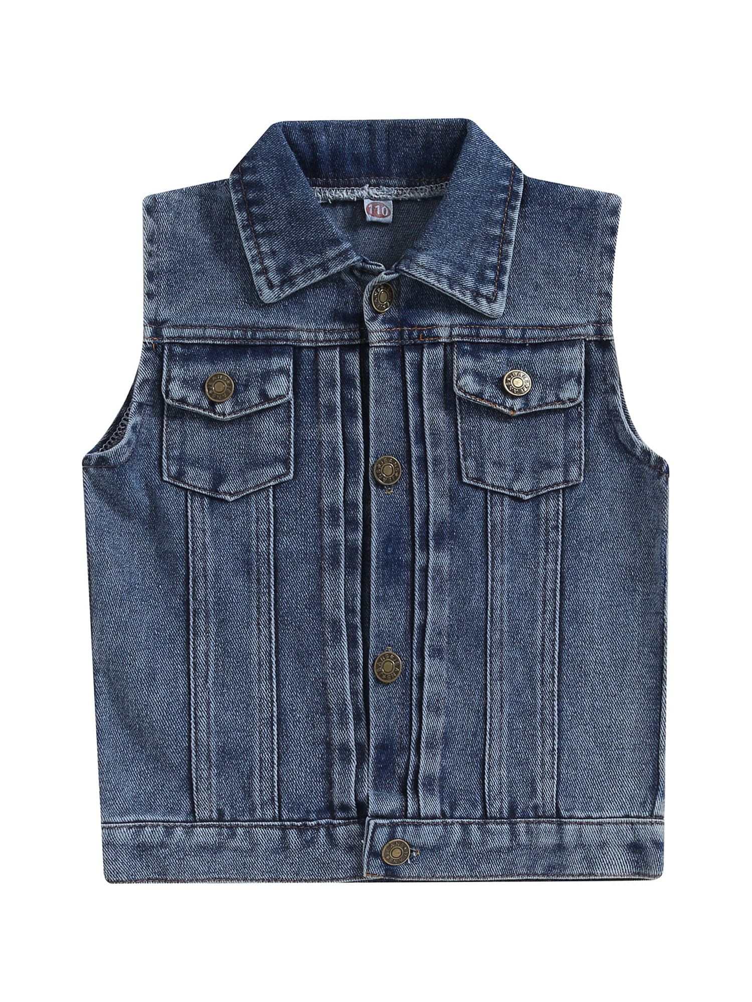 Kids Girl Boy Jean Vest Jacket Sleeveless Turn down Collar Button