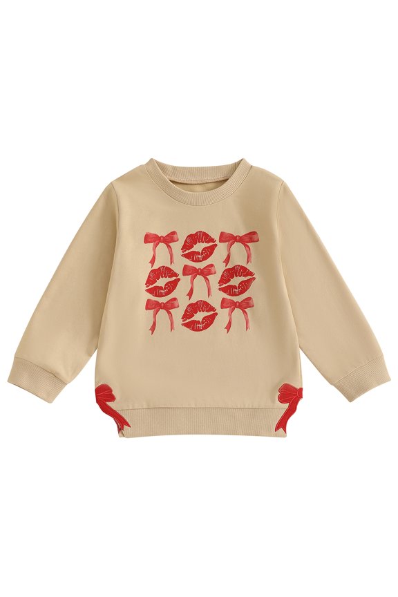 Kids Girl Boy  Valentines Day Outfit Bow Lips/Heart Letter Print Long Sleeve Sweatshirts Pullovers Tops Spring Clothes