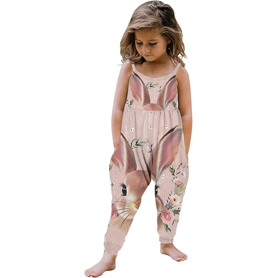 Kids Girl Bunny Jumpsuit, Floral Harem Pants Romper Soft Stretchy with Pockets Easter Spring Outfit Pink 1-5 Years,Size 3 T