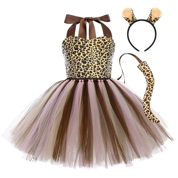 Kids Girl Cheetah Costume Toddler Halloween Cosplay Jungle Safari Animal Role Play Tutu Leopard Dress Ear Headband Tail Birthday Party Carnival Fancy Dress Up Performance Holiday 11-12 Years Leopard