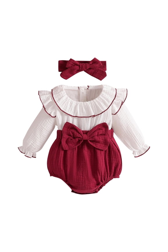 Kids Girl Christmas Outfit 2-Piece Set Wine Red Romper with Headband, Snap Closures 100% Cotton Dressy Holiday Photo Shoot Clothes for Kids 0-18 Months,Size 12-18 Months