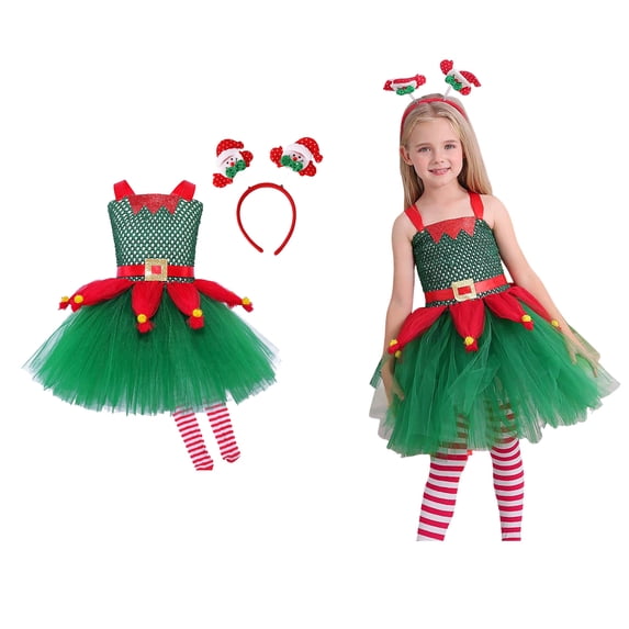 Kids Girl Christmas Outfit Sleeveless Baby Girl Christmas Elf Dress with Headband and Pair of Socks Sets Green Tulle Dress Girls Christmas Dress 8-9 Years