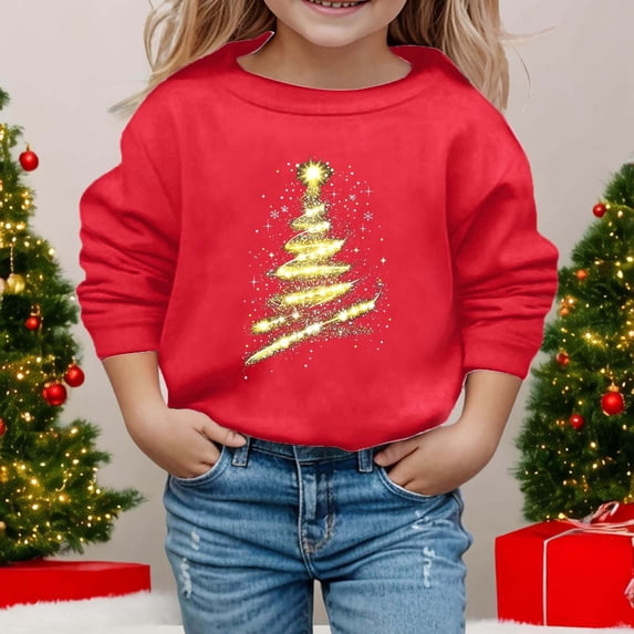 Kids Girl Christmas Sweatshirt,Christmas Tree Christmas Print Long Sleeve Pullover Tops Crewneck Xmas Christmas Sweatshirt Autumn Winter Clothes 7-8 Years