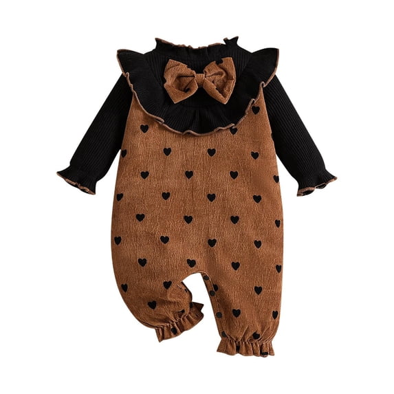 Kids Girl Corduroy Romper Vintage Heart Print Long Sleeve Overalls with Bow, Brown & Black Fall Winter Outfit 0-18 Months,Size 12-18 Months