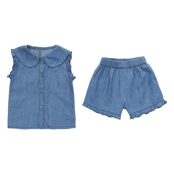 Kids Girl Denim Outfits Set Ruffled Vest Tops+ Denim Shorts 2Pcs Toddler Baby Girls Summer Clothes 1 to 7 Years