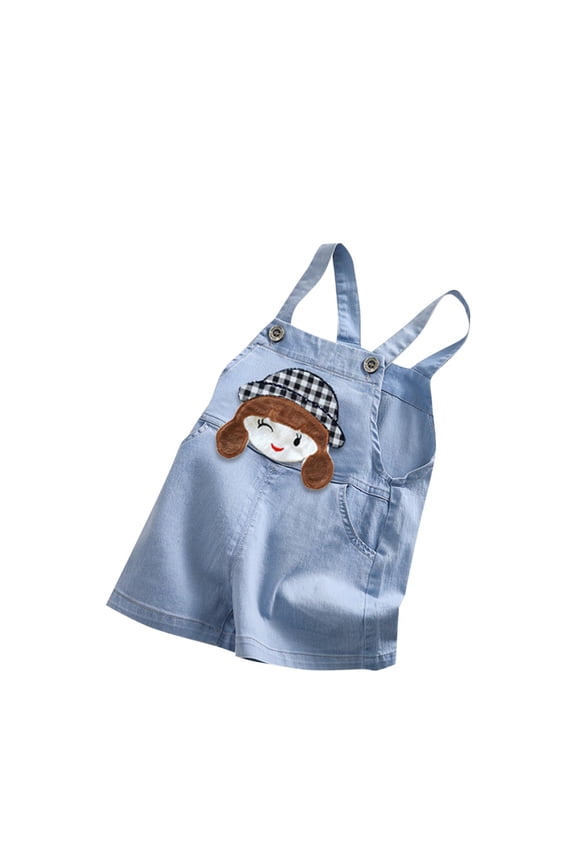 Kids Girl Denim Overalls Shortalls, Light Blue Jean Shorts with Cute Cartoon Patch & Adjustable Straps for Kids & Kids (12M, 18M, 2T, 3T, 4T),Size 0-1T