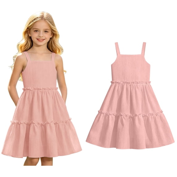 Kids Girl Dresses Spaghetti Strap Ruffle A Line Flowy Dress Red Dress for Girls 7-8 Years