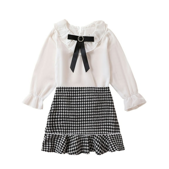 Kids Girl Fall Outfits Ruffles Long Sleeve Shirts Tops and Bowknot Houndstooth Skirts 2Pcs Clothes Set