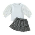 thumbnail image 1 of Kids Girl Fall Outfits Sequins Stars Moon Mesh Puff Sleeve Rib Knit Tops Elastic Waist Pleated Plaid Skirts 2Pcs Clothes Set, 1 of 9